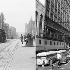 Two photographs showing a bustling downtown Market Street in 1906, with cable cars, and in 1948, with buses and streetcars.