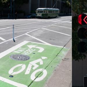 Two photos of a newly-installed bicycle traffic signal and waiting area for left turns on The Embarcadero at North Point Street.