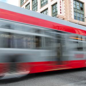 Blurred motion photo of Muni bus on O'Farrell Street