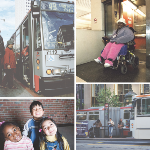 People boarding a bus; a person in a wheelchair exits an elevator; three children; people wait for a bus