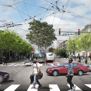 Rendering of Van Ness Avenue at Union Street after construction of the Van Ness Improvement Project is complete.