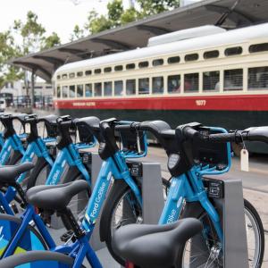 Bike share pod next to F Line train