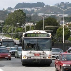 28 19th Ave bus in traffic on 19th Ave