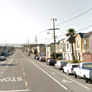 Image of bicycle lanes on Ortega Street in the Sunset that are similar to the planned bike lanes on Vicente Street