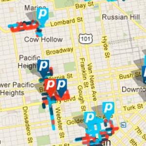 a map of downtown San Francisco, showing real-time parking data from SFpark