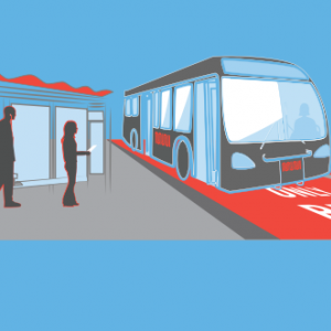 Graphic of bus with red transit only lanes