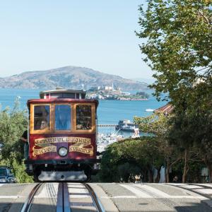 view of cable car and alcatraz