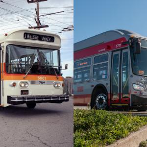 split images of 1975 and 2018 trolley coaches