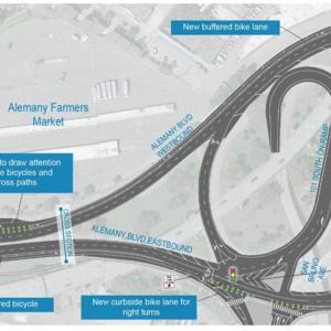 Color drawing showing conceptual design of Alemany Boulevard from Putnam Street to Bayshore Boulevard with new bike lanes 