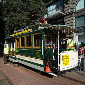 Powell Line Cable Car with Christmas decorations.