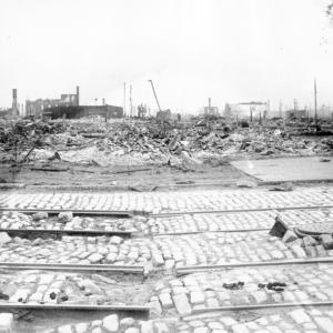 rubble and damaged streetcar tracks