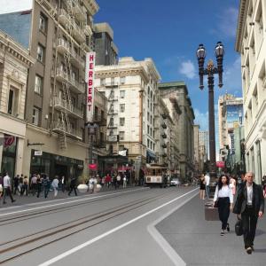A rendering of the Powell streetscape conceptual design with wider sidewalks, expanded loading, and a refreshed streetscape.