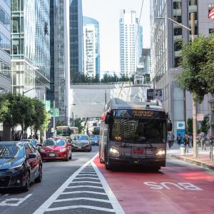 5R Fulton Rapid bus in red transit lane downtown