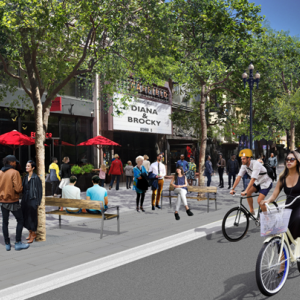 Rendering including Better Market Street’s sidewalk level bike lane, new trees and improved streetscape elements. 