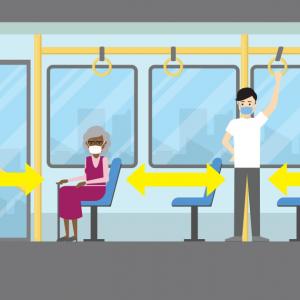 Graphic displaying appropriate physical distancing on Muni buses encourages customers to give space.