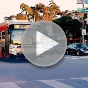 Image of 38 bus using new transit queue jump at Geary and 15th Avenue.