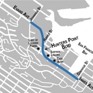 Map highlighting Evans Avenue, Hunters Point Boulevard and Innes Avenue in the Bayview