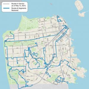 Map showing In August 2021, 98% of residents and 100% of equity neighborhoods could be within a ¼ mile of a Muni stop