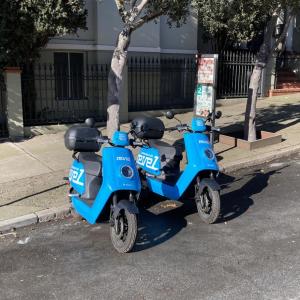 Two shared electric mopeds parked at the curb on a residential street.