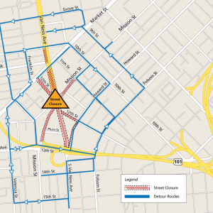 Map of Van Ness Avenue and Mission Street intersection showing detours and street closures