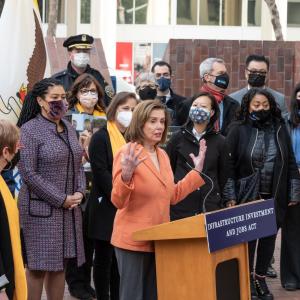Nancy Pelosi with Mark DeSaulnier (left) speaking at the Infrastructure Bill and Vision Zero Press Conference 