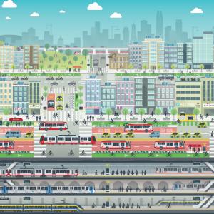 Artistic rendering of the city depicting streets with many forms of transit including buses, trains, pedestrians and cars.