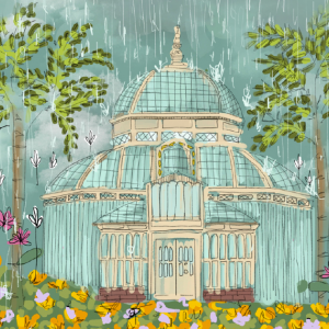 The San Francisco Conservatory of Flowers surrounded by trees and flowers in the rain.