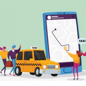 Poster image of man and woman hailing a cab and woman with a smartphone