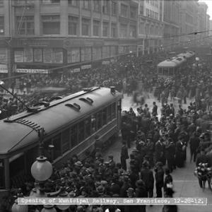 Opening day of the San Francisco Municipal Railway on December 28, 1912. Muni was the first publicly owned railway line in a maj