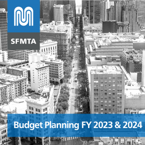 Photo of San Francisco downtown with text Budget Planning Fiscal Year 2023 and 2024