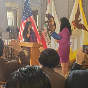 Stephanie Cajina, the SFMTA's newest Board of Director being sworn in on Friday, February 18th, 2022