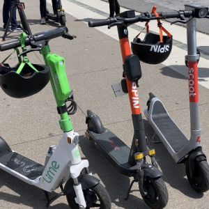 Scooter permittees Lime, Spin and Scoot lined up during the MTA's Scooter Sidewalk Riding Detection Technology Demonstration 