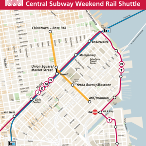 Map of existing Muni Metro system's J, K, L Bus, M, N and T lines with the new Central Subway connecting at Powell Station.