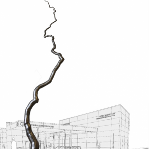 Rendered image of an art node piece in front of a building with a person in the foreground