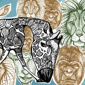 Line art flowing of faces of gorillas lions and goats in shades of brown and green, one full giraffe stands out amongst the rest