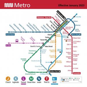 Muni Metro map effective January 7, 2023, showing the new T Third route. 