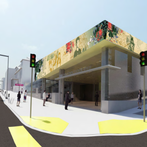 Rendered image of a station at the intersection corner with traffic signals and pedestrians