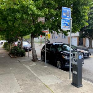 Cars outside near sidewalk with trees and parking meter pay station.