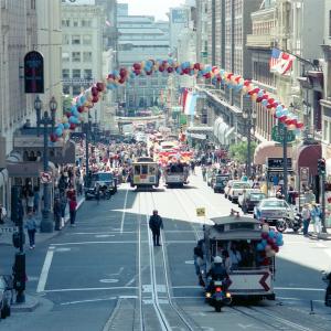 Cable Car Parade for 100th Anniversary of Powell Street Cable Cars Looking Down Powell Street Towards Sutter Street | 03.28.1988