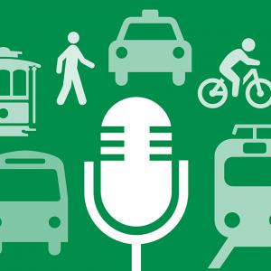 Graphic of a microphone with various elements of transportation around it making up the new Podcast logo