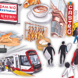 Illustration of a light rail train with businesses and signs that read Castro and Sam Wo Restaurant