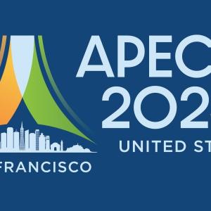 A graphic that says APEC 2023 United States San Francisco with a logo above a graphic of the San Francisco city skyline.