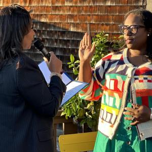 SFMTA Board Member Dominica Henderson being sworn in at a ceremony.