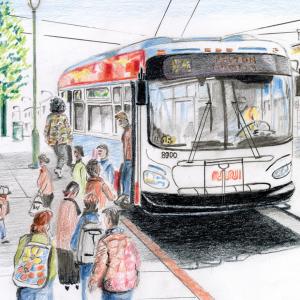An illustration of people boarding a Muni bus from the sidewalk in San Francisco.