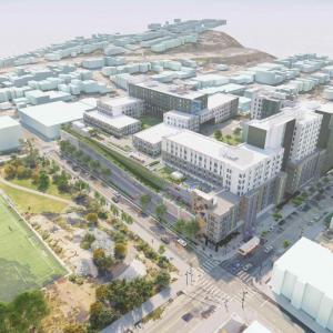 Rendering shows the Potrero Yard Modernization Project. Aerial view of a multi-unit building with green spaces and cars nearby.