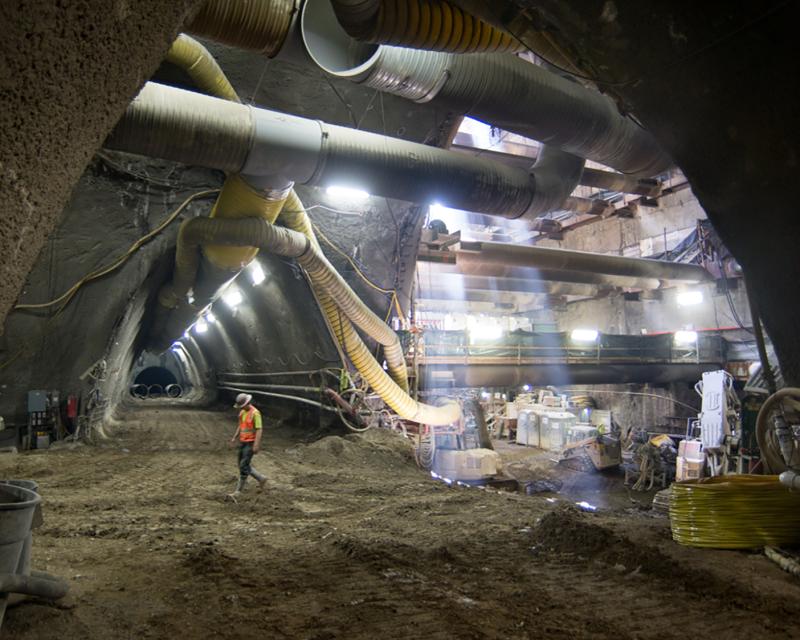 View of underground construction site for Central Subway project