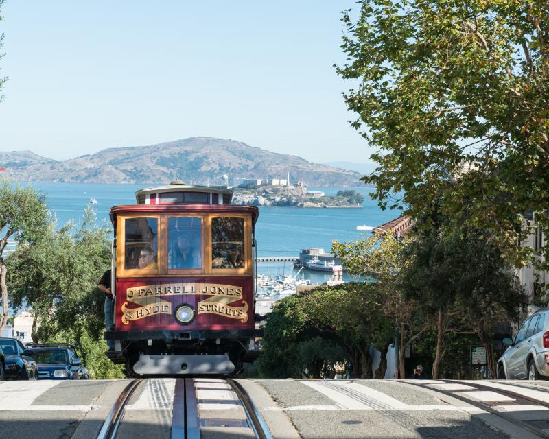 view of cable car and alcatraz