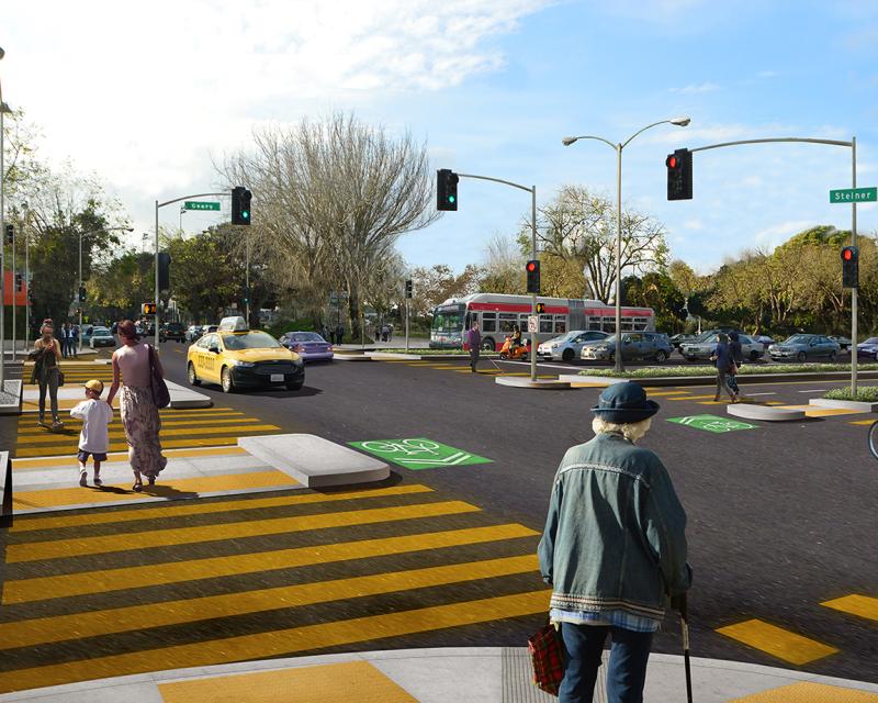 Rendering of the future Geary at Steiner with the pedestrian bridge removed and new crosswalks installed