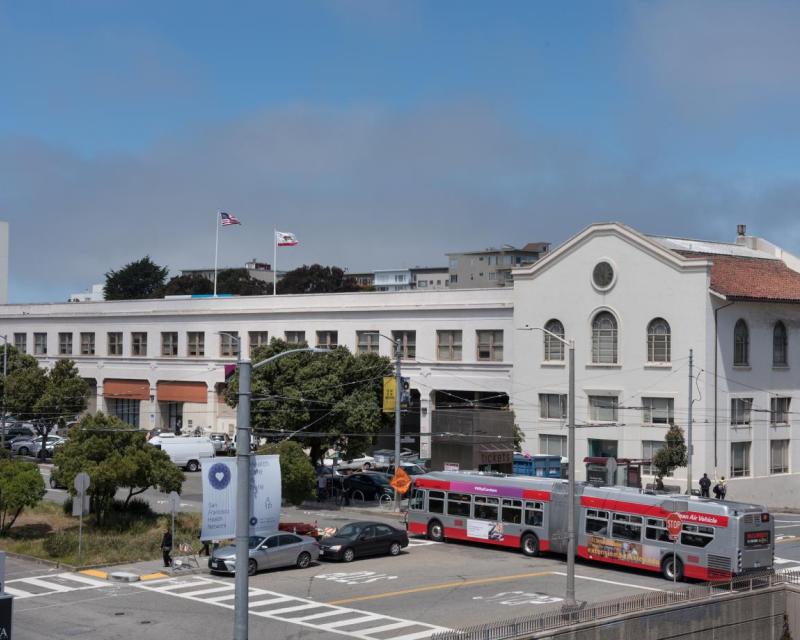 wide shot of Presidio Bus Yard from across Geary 