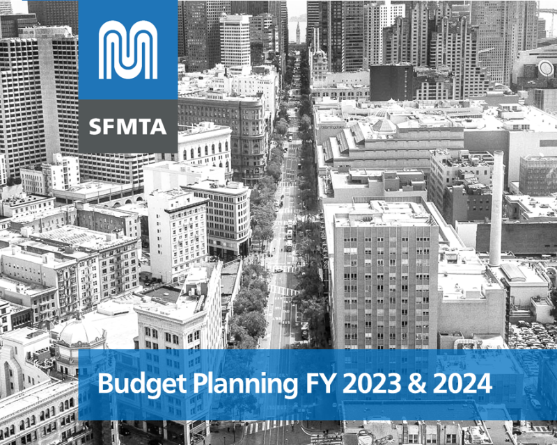 Photo of San Francisco downtown with text Budget Planning Fiscal Year 2023 and 2024
